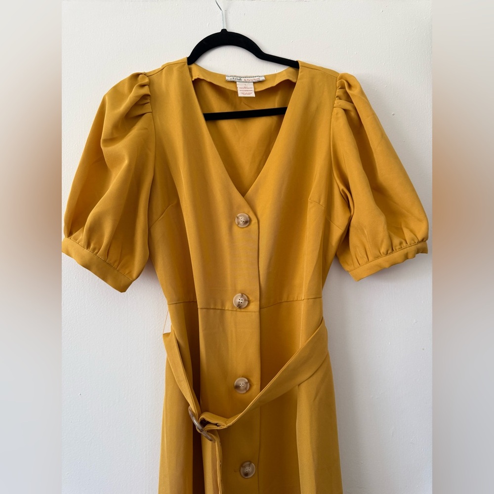 Flying Tomato Mustard Midi Dress with Puff Sleeves